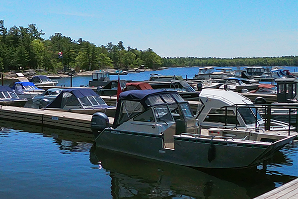 Docks at Moon River Marine on Woods Bay Near Mactier
